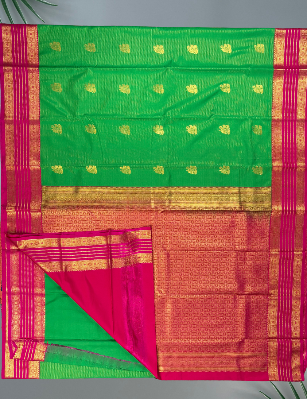 Parrot Green Soft Semi Silk Kanjivaram Saree with Rose Pink Korvai Border