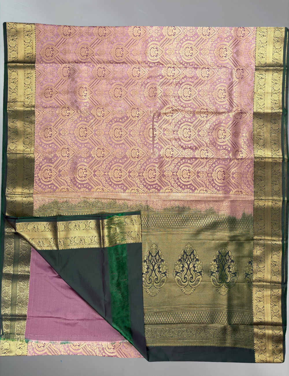 Dusty Lilac Brocade Lightweight Soft Semi Silk Saree with Antique Gold Zari Floral Border