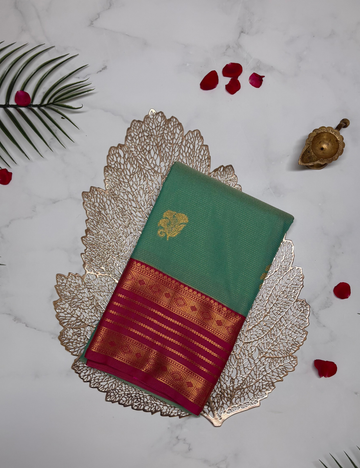 Sea Blue Soft Semi Silk Kanjivaram Saree with Korvai Rani Rose Border