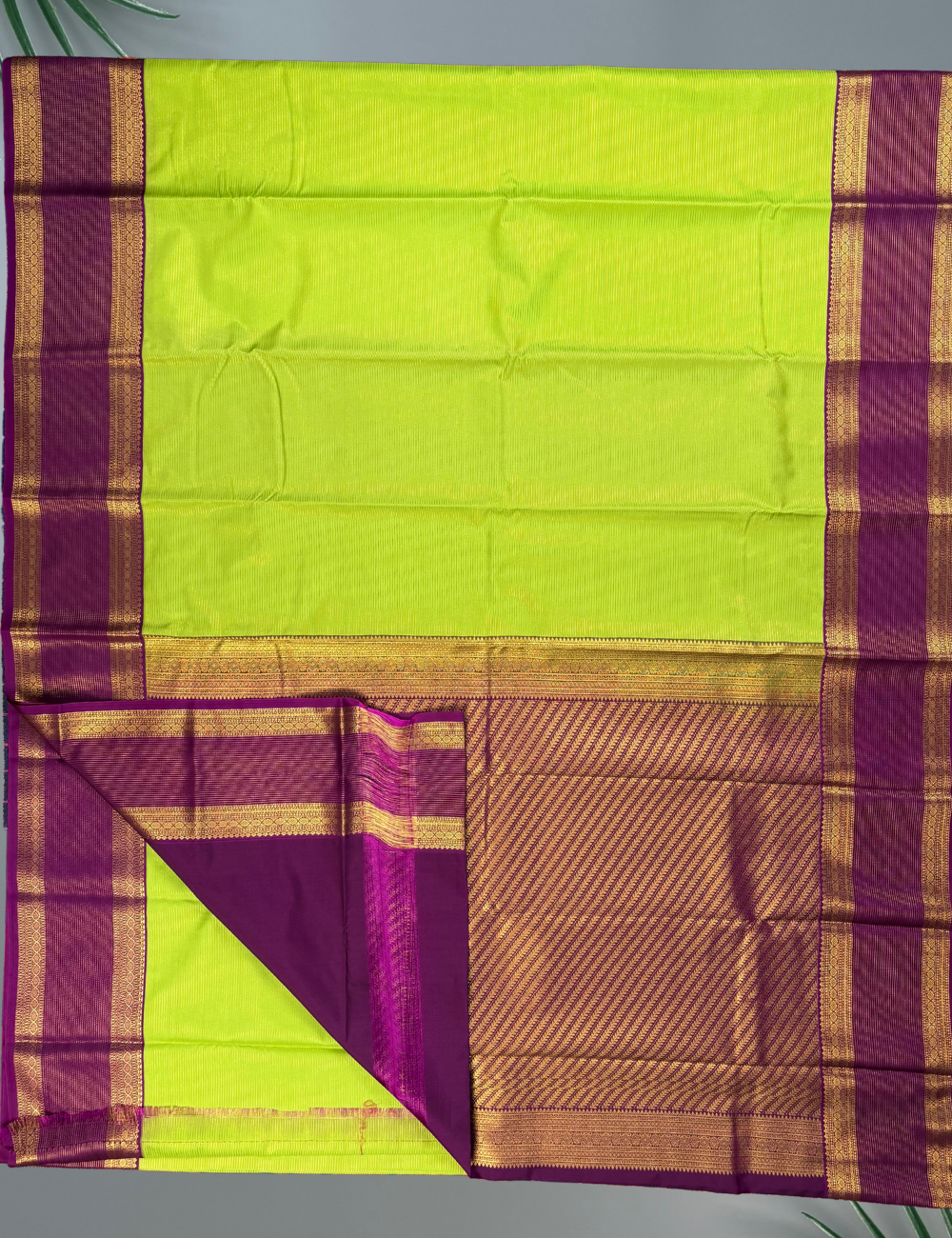 Lime Green Soft Kanjivaram Semi Silk Saree with Wine Purple Gold Zari Border