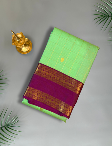 Light green Soft Semi Silk Kanjivaram Saree with Magenta Korvai Zari Border