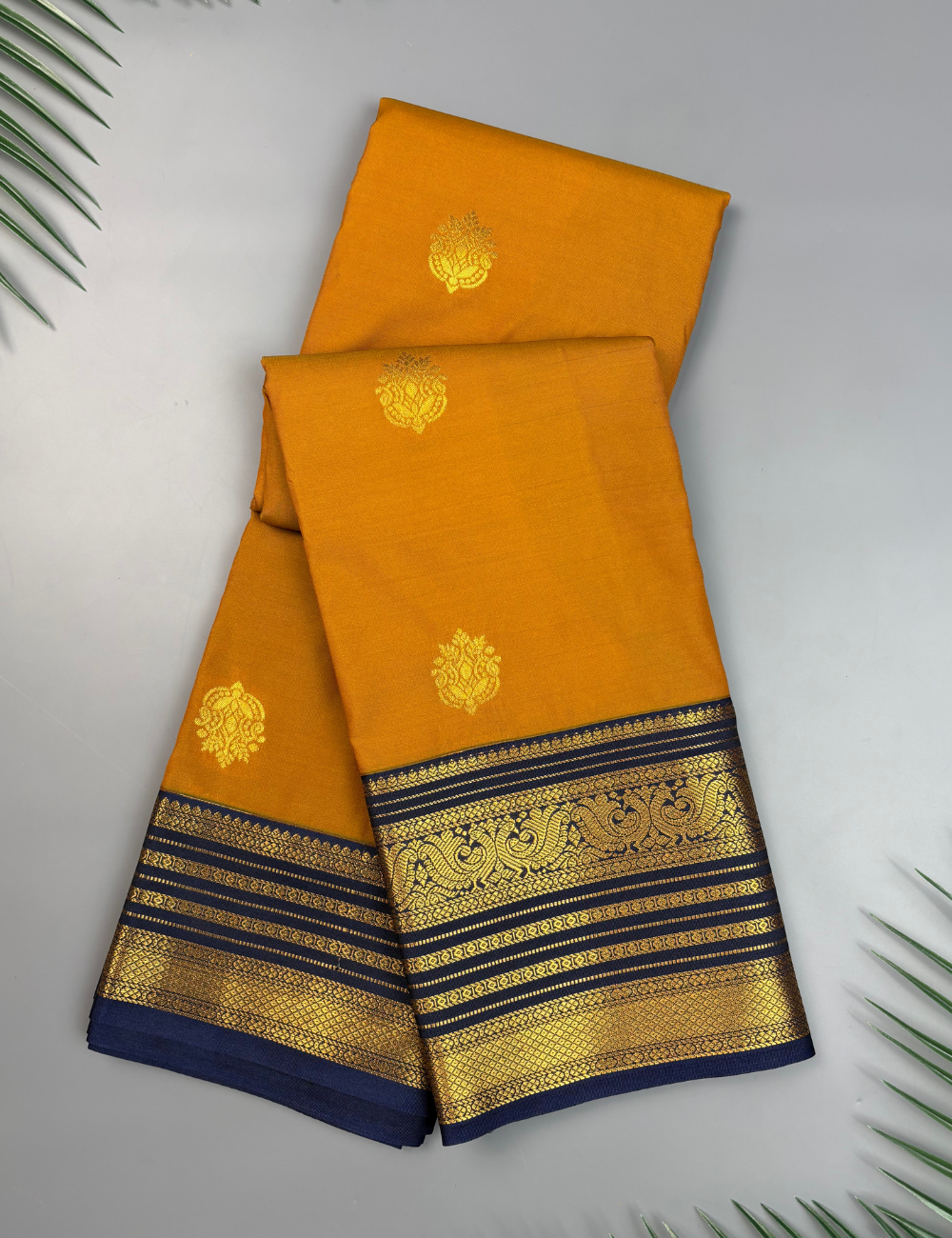Mustard Soft Kanjivaram Semi Silk Saree with Navy  Korvai Zari Border