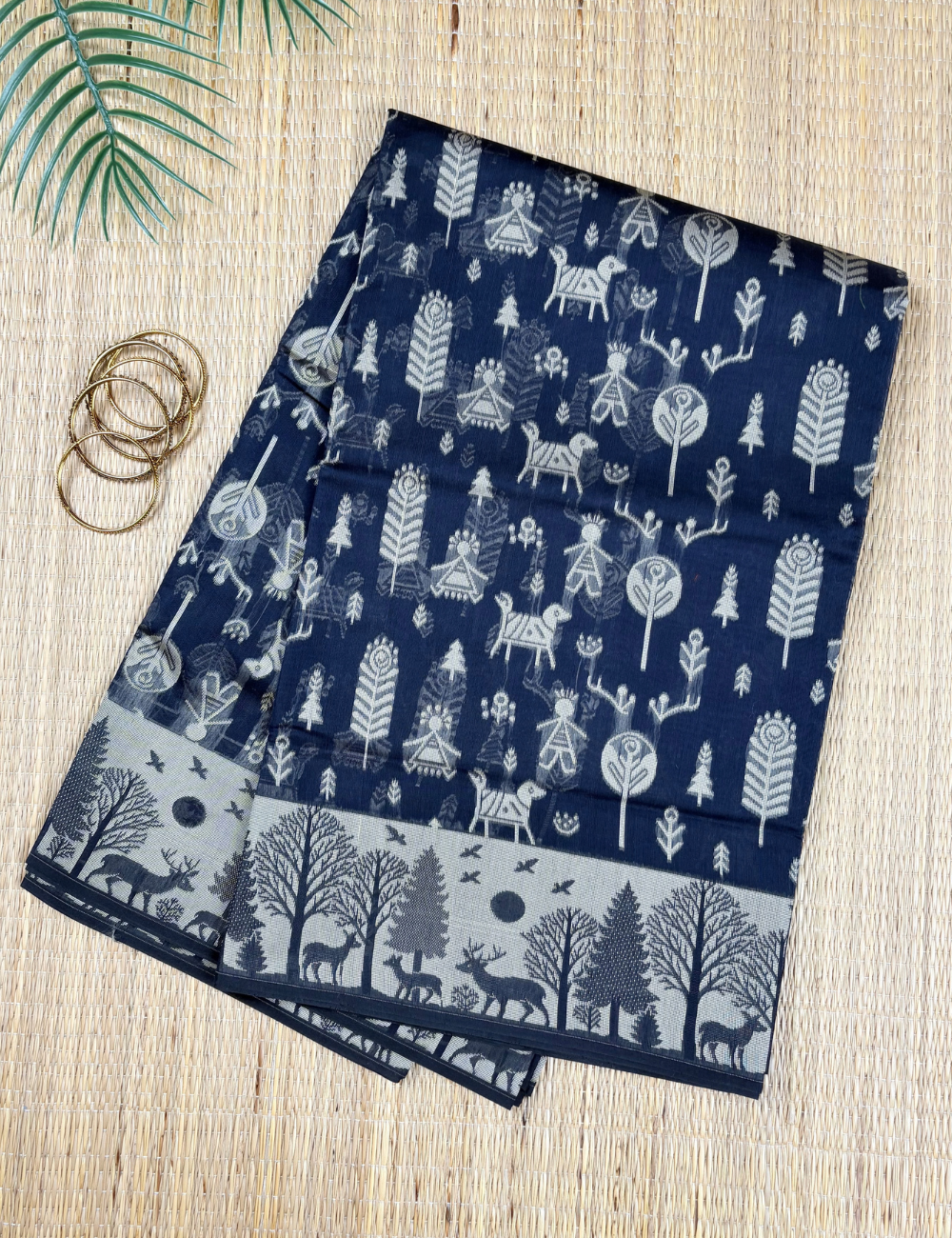 Midnight Blue Tribal Forest Aranya Cotton Saree with Elegant Border