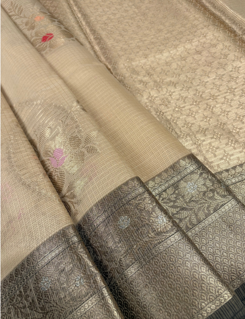 Taupe Beige Maheshwari Cotton Saree with Grey Border