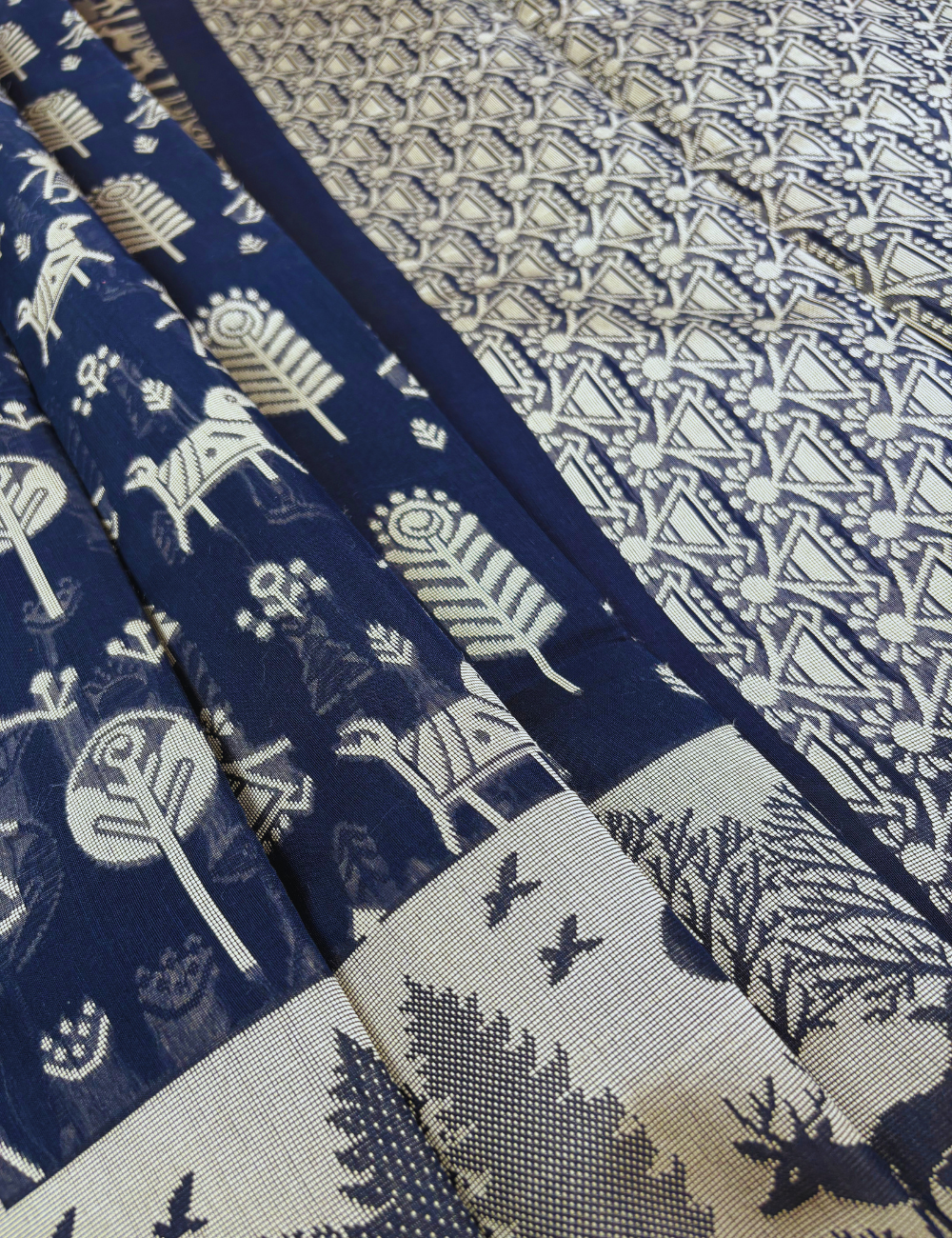 Midnight Blue Tribal Forest Aranya Cotton Saree with Elegant Border