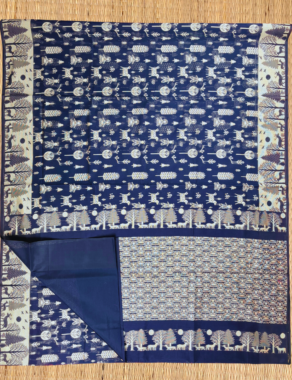Midnight Blue Tribal Forest Aranya Cotton Saree with Elegant Border