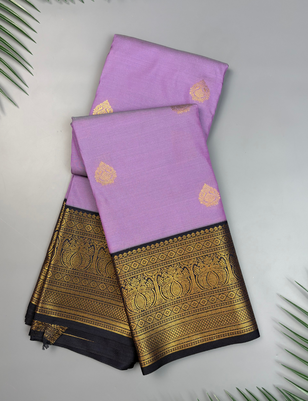 Lavender Soft Kanjivaram Semi Silk Saree with Deep Navy Korvai Zari Border