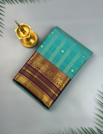 Teal Blue Soft  Kanjivaram Semi Silk Saree with Zari Check Purplish Brown Elephant Motif Border