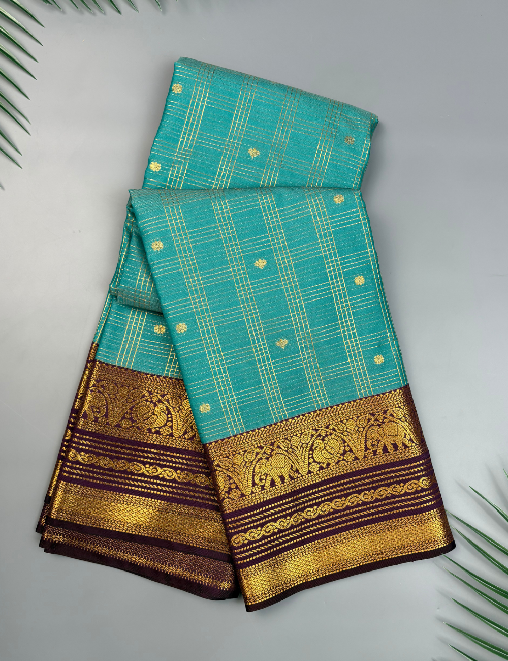 Teal Blue Soft  Kanjivaram Semi Silk Saree with Zari Check Purplish Brown Elephant Motif Border