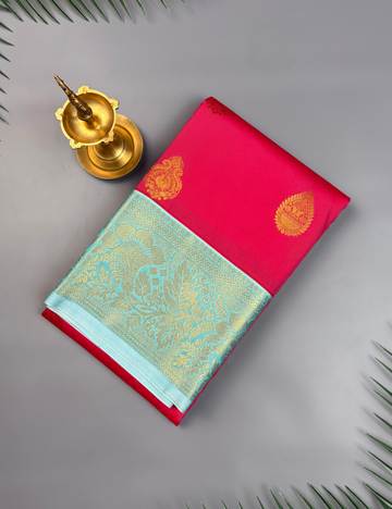 Rani Rose Soft Semi Silk Kanjivaram Saree with Sky Blue Korvai Border