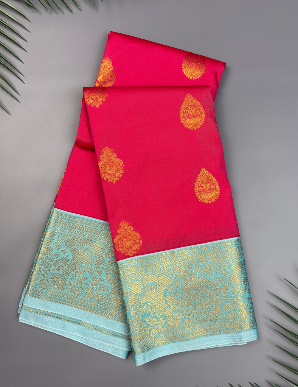 Rani Rose Soft Semi Silk Kanjivaram Saree with Sky Blue Korvai Border