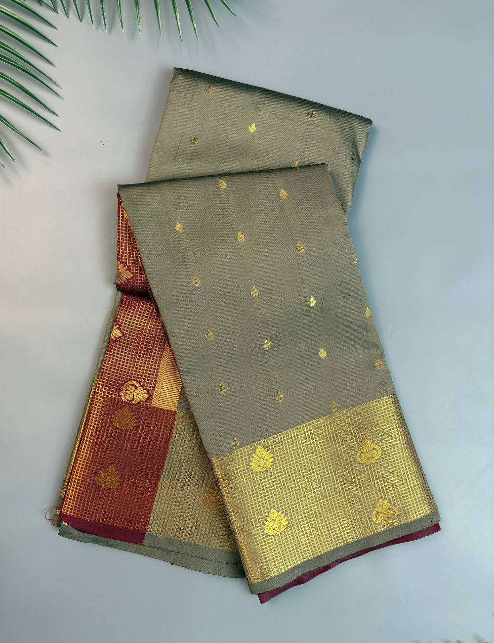 Olive Grey Semi Silk Saree with Rich Brocade Maroon Border