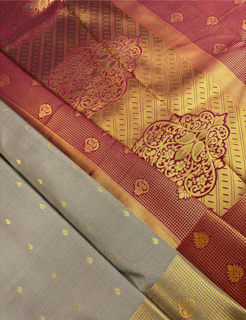 Olive Grey Semi Silk Saree with Rich Brocade Maroon Border