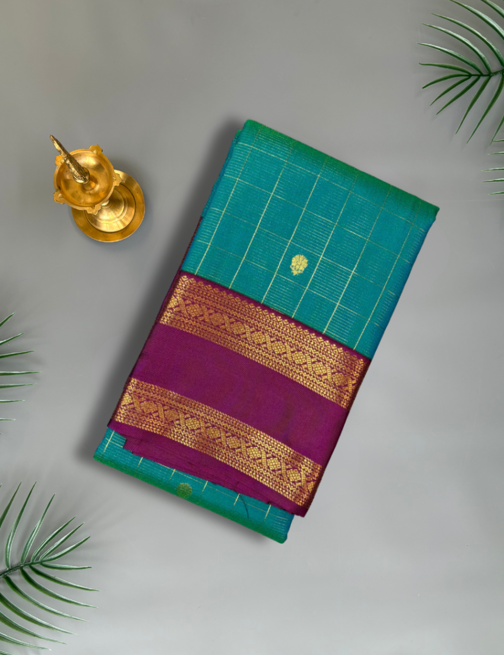 Peacock Green Soft Semi Silk Kanjivaram Saree with Magenta Korvai Zari Border