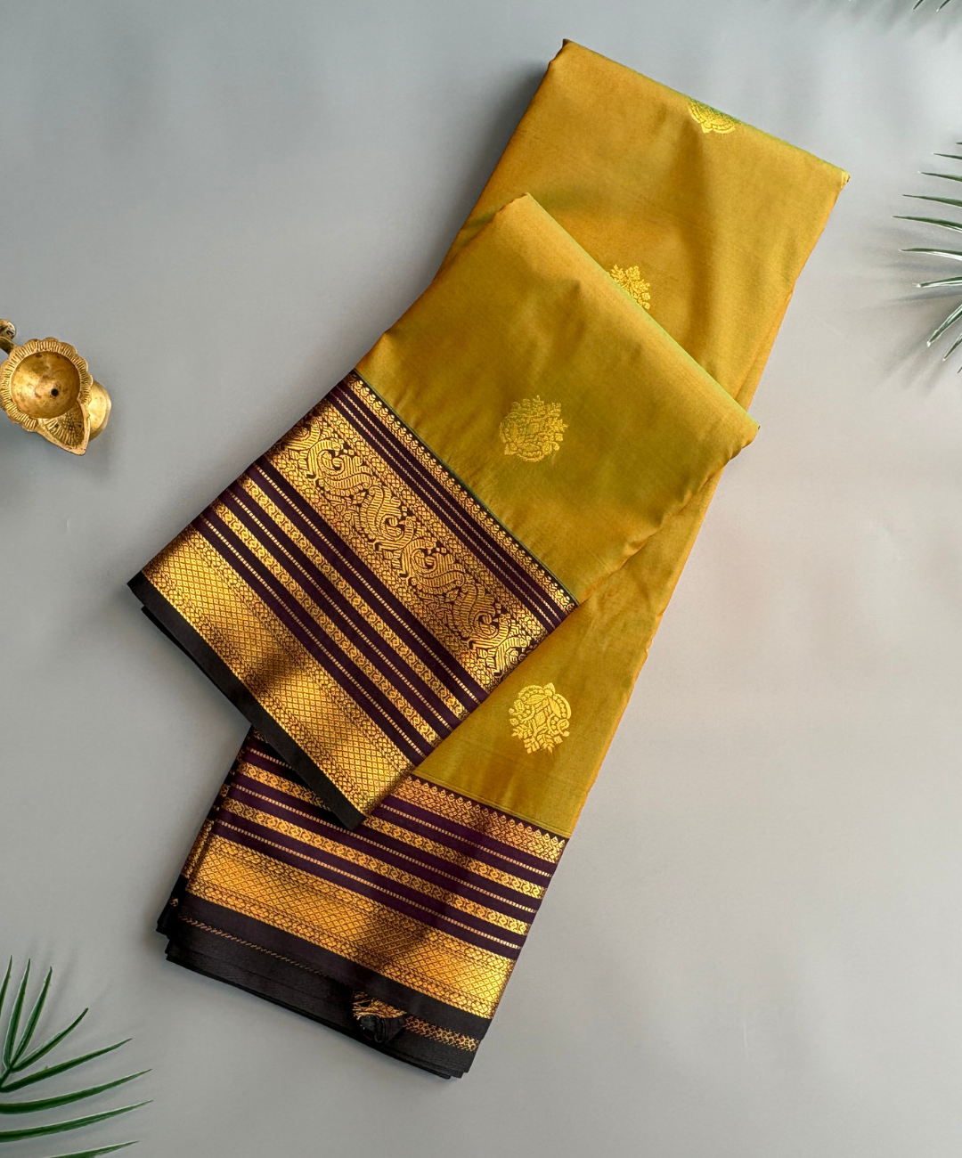 Olive Green with deep Purple Semi Silk Kanjivaram Saree with Traditional Gold Zari Border