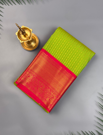 Lime Green Soft Semi Silk Kanjivaram Saree with Rani Pink Korvai Zari Border
