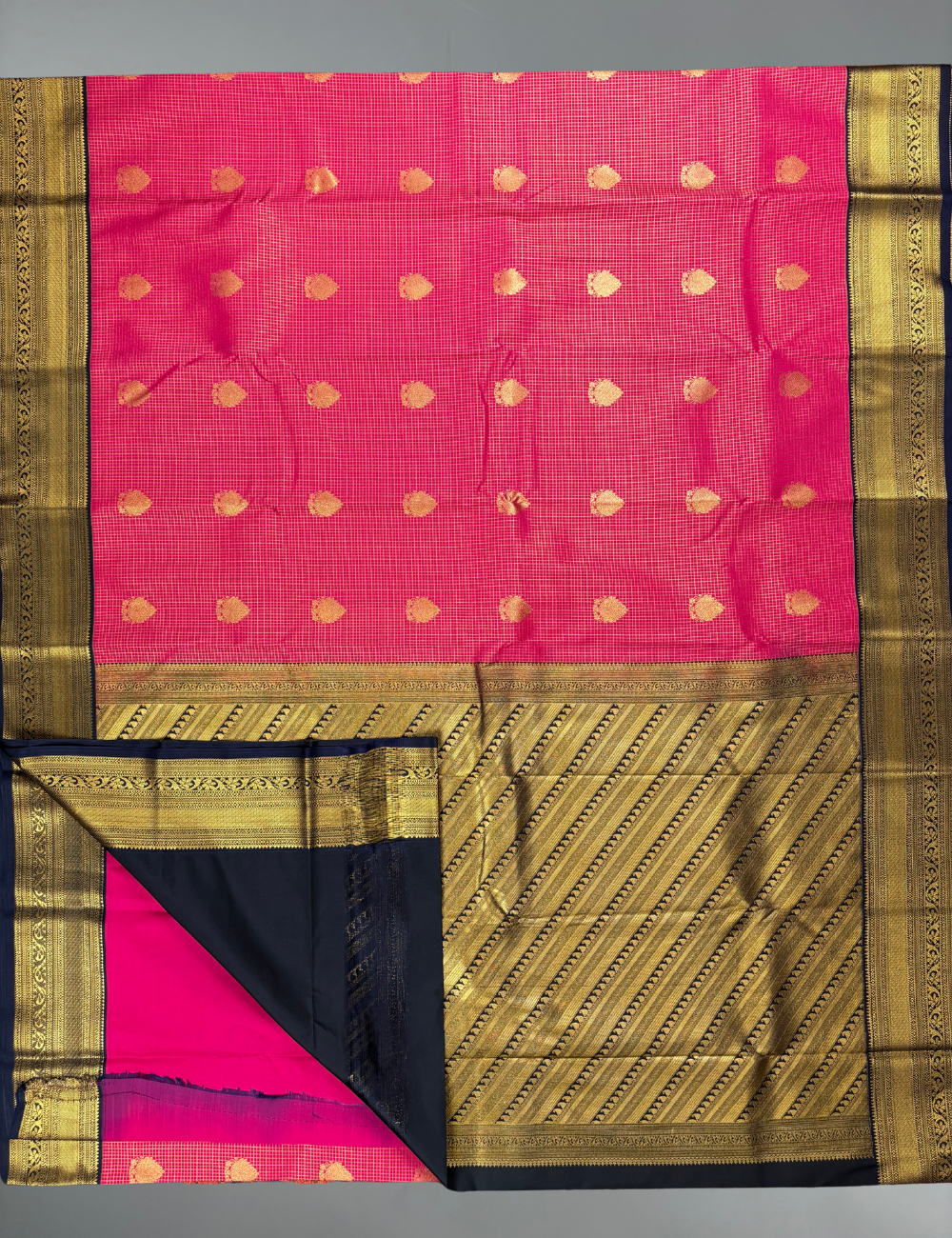 Rani Pink Gold Soft Kanjivaram Semi Silk with Korvai Navy Border Saree