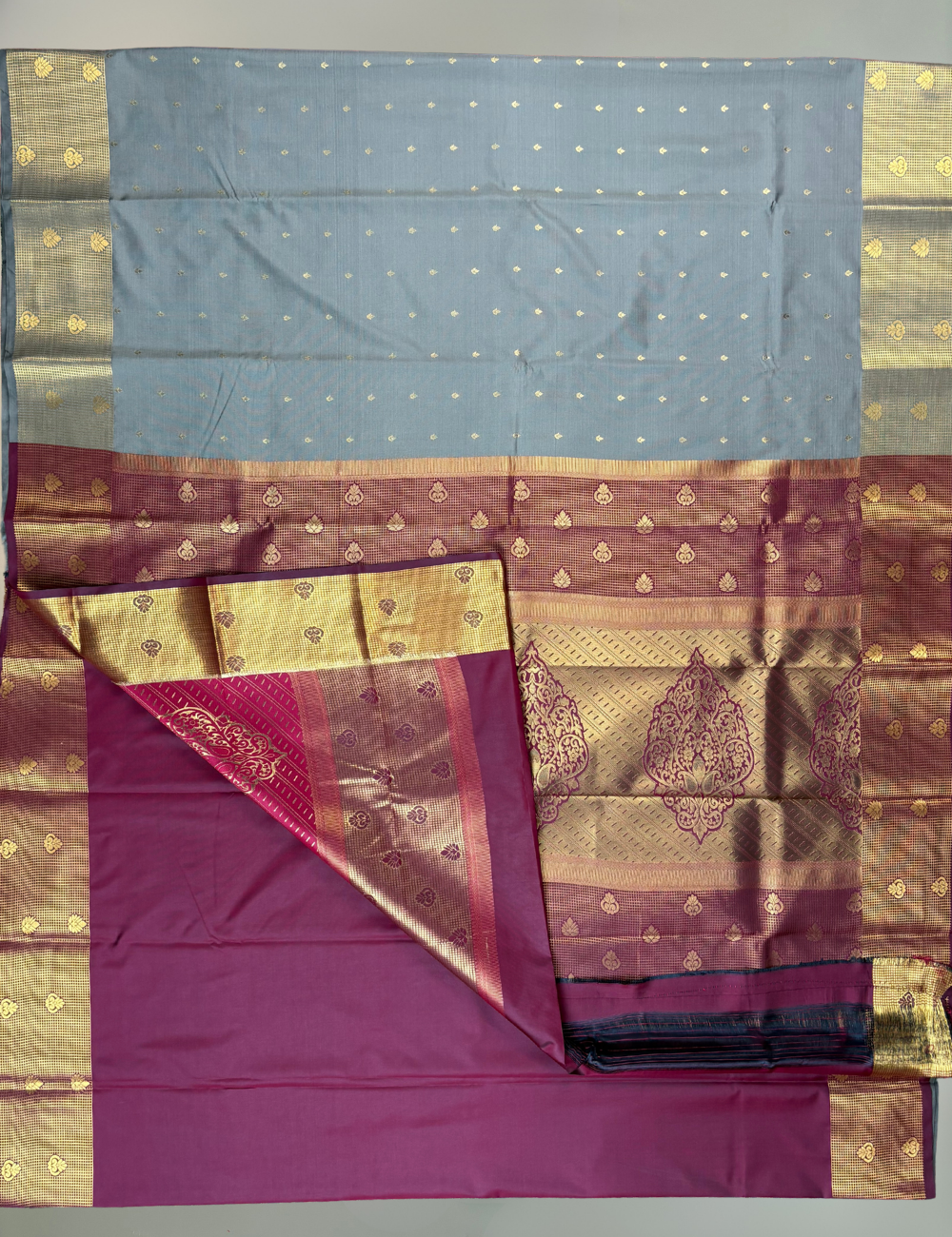 Olive Grey Semi Silk Saree with Rich Brocade Maroon Border
