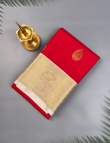 Vivid Crimson Red Kanjivaram Semi Silk Saree with Light Grey Brocade Zari Border
