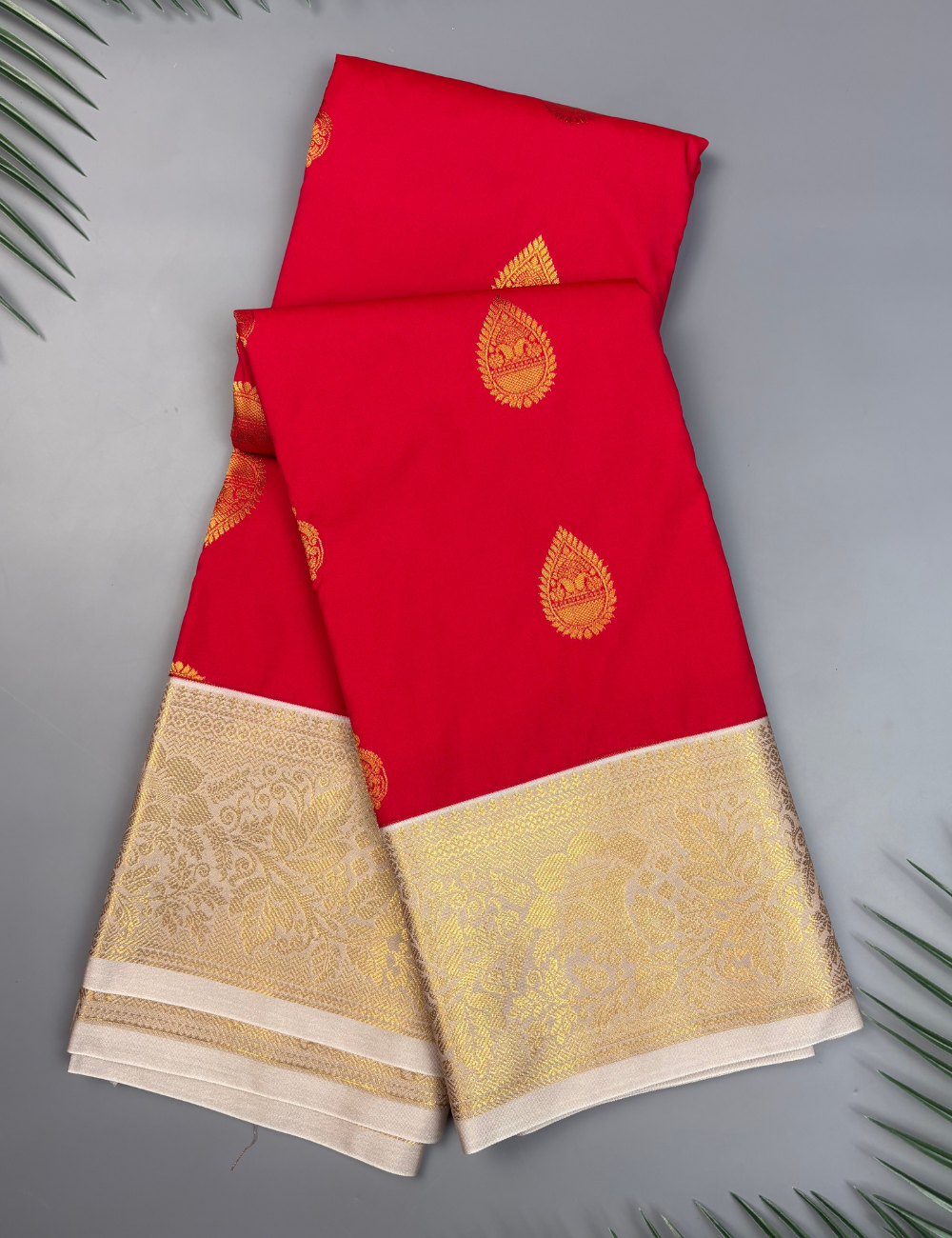 Vivid Crimson Red Kanjivaram Semi Silk Saree with Light Grey Brocade Zari Border