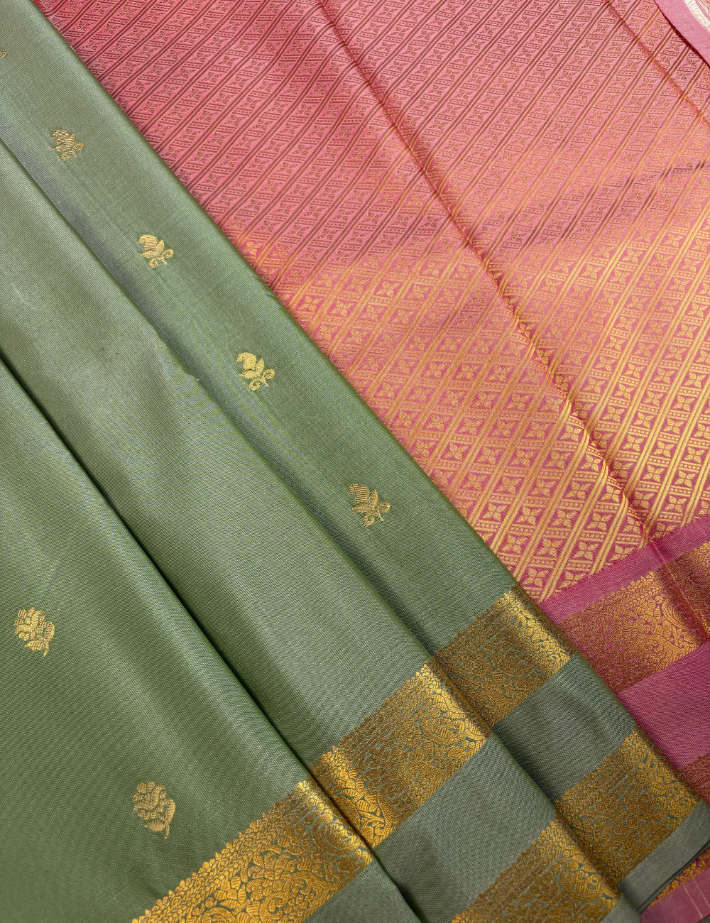 Sage Green Soft Semi Silk Saree with Gold Zari Border & Floral Buttis