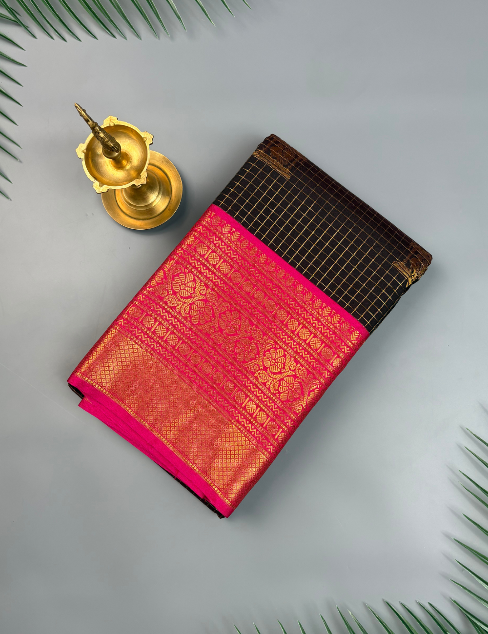 Black soft Kanjivaram Semi Silk Saree with Pink Rose Border