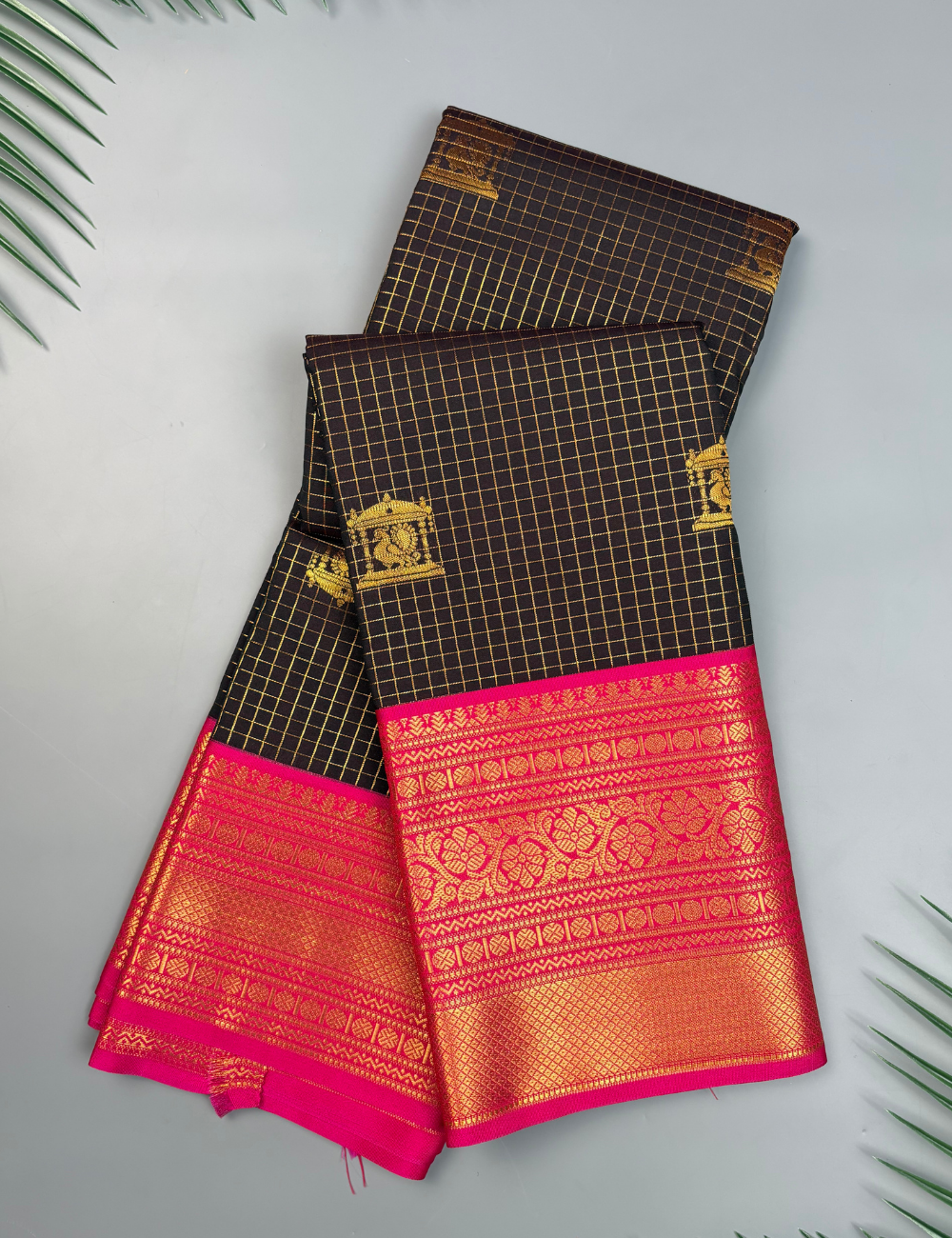 Black soft Kanjivaram Semi Silk Saree with Pink Rose Border