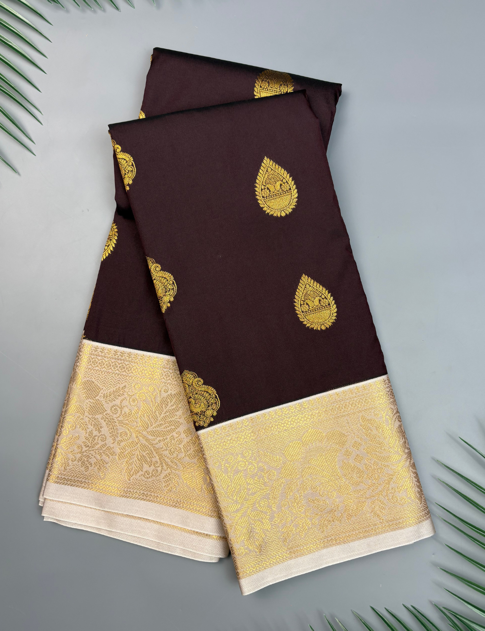 Chocolate Plum Soft Kanjivaram Semi Silk Saree with Light Grey Border