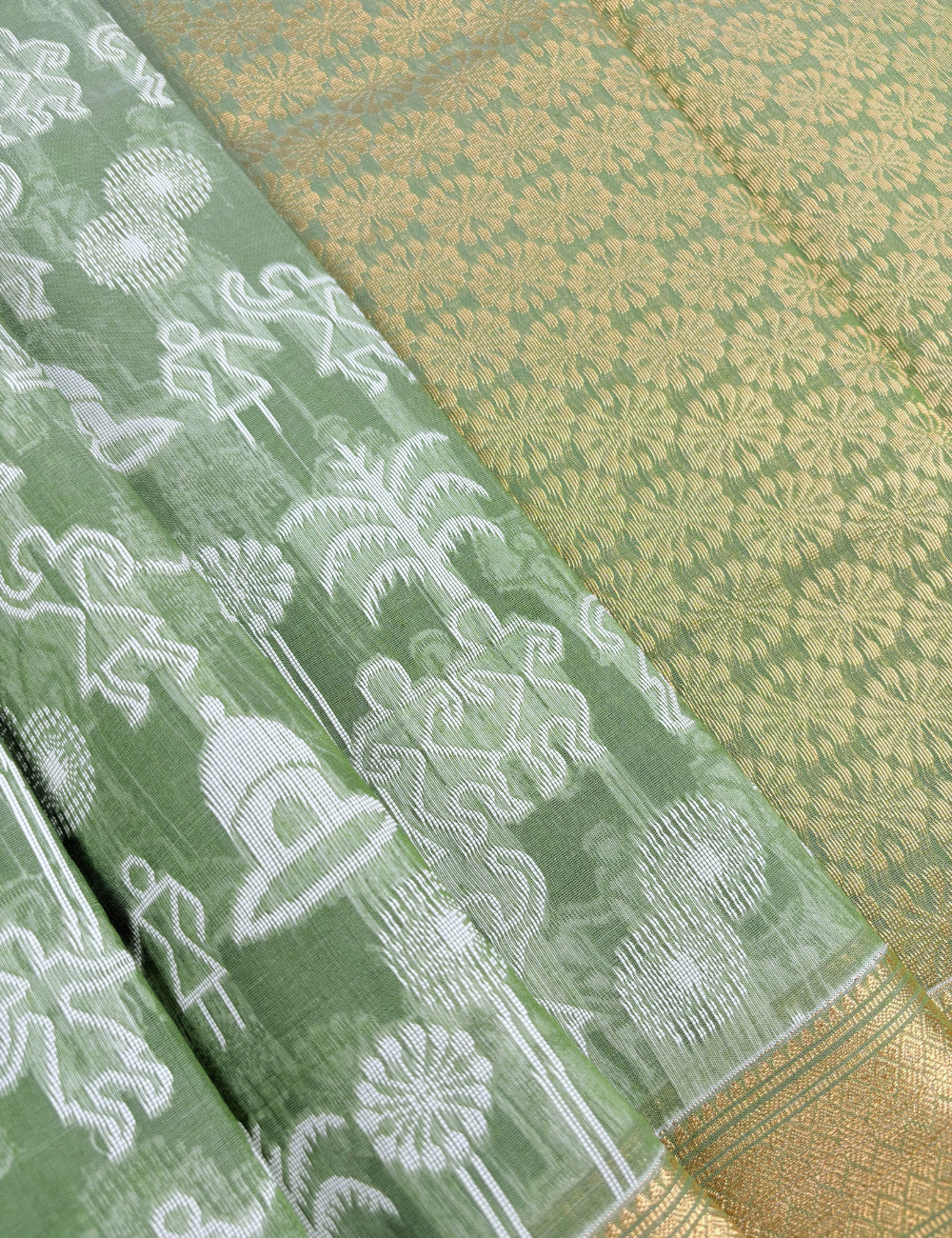 Sage Green Tribal Folk Woven Aranya Cotton Saree