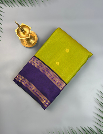 Parrot Green Soft Semi Silk Kanjivaram Saree with Violet Border