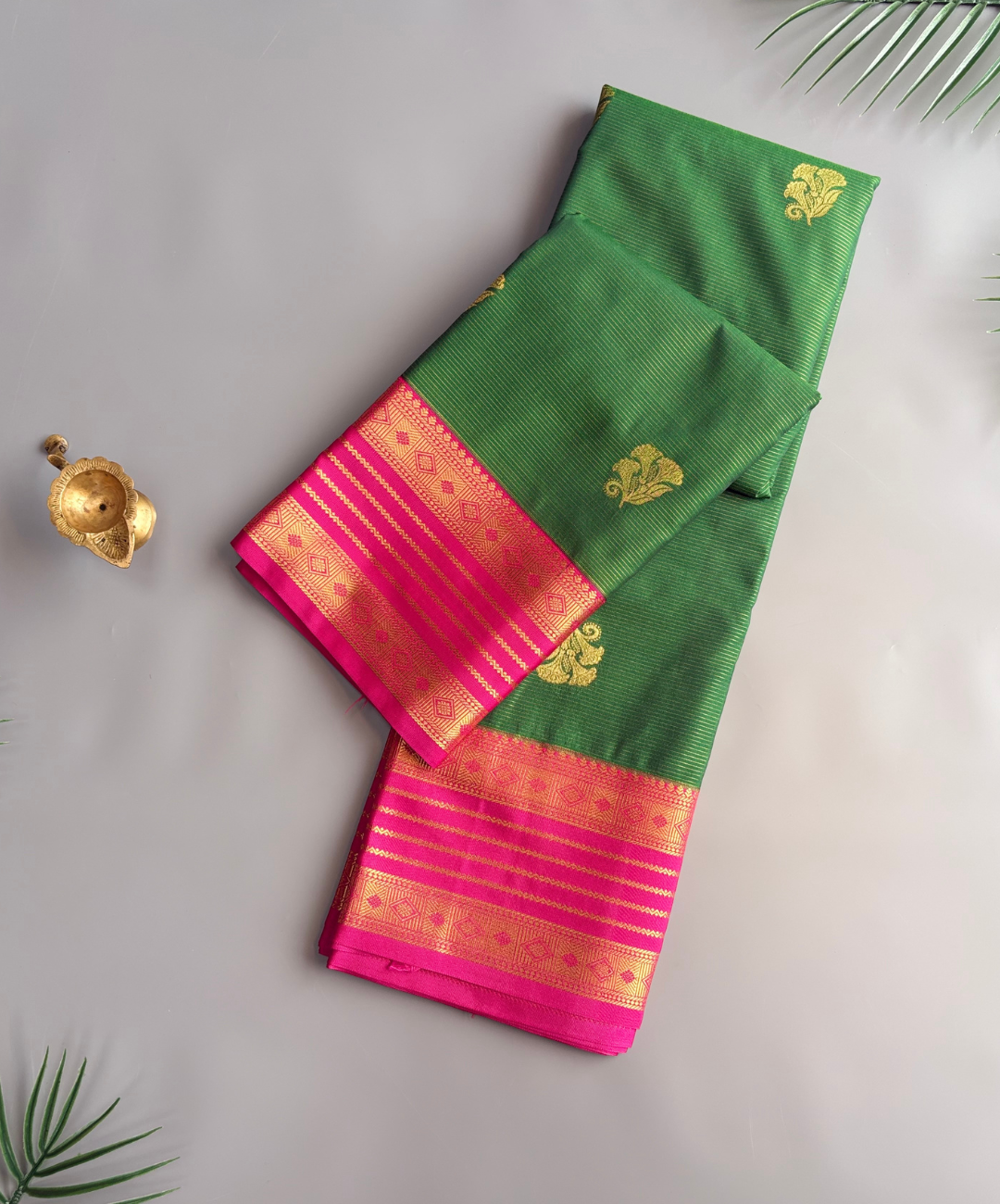 Emerald Green Soft Semi Silk Kanjivaram Saree with traditional Korvai Rani Pink Border