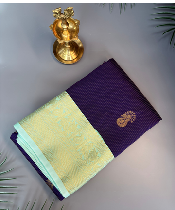 Royal Violet  Kanjivaram Semi Silk Saree with Mint Green Contrast Gold Zari Border | Traditional Wedding Silk Saree