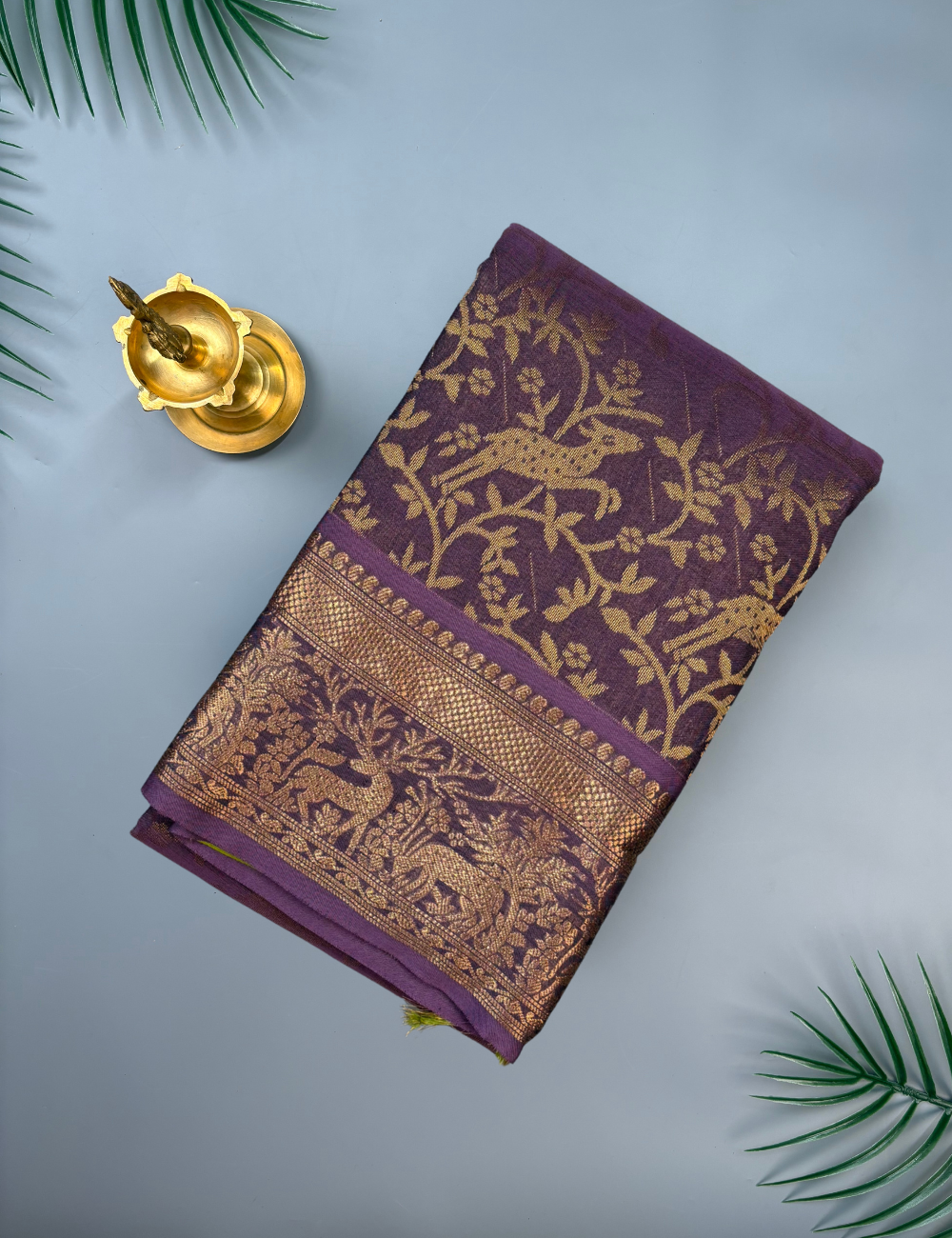 Royal Lavender Pure Kanchi Silk Cotton Saree with Antique Gold Zari Floral Motifs