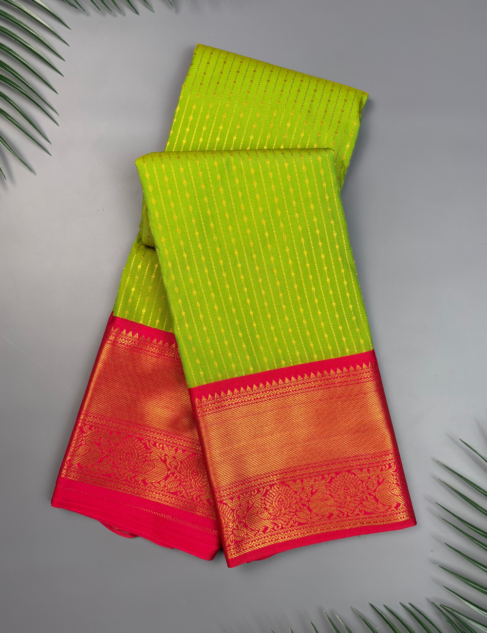 Lime Green Soft Semi Silk Kanjivaram Saree with Rani Pink Korvai Zari Border