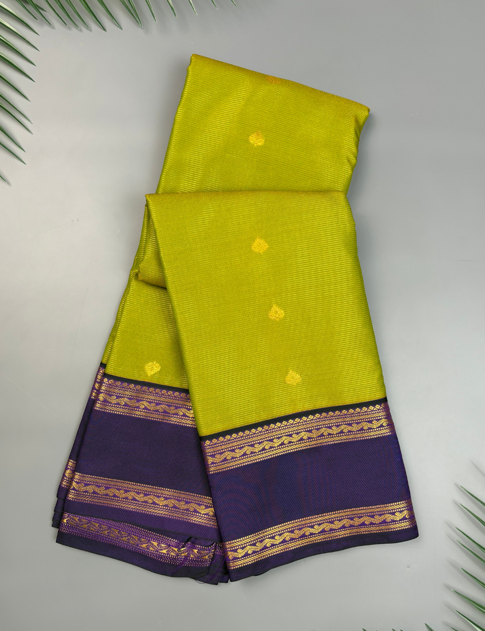 Parrot Green Soft Semi Silk Kanjivaram Saree with Violet Border
