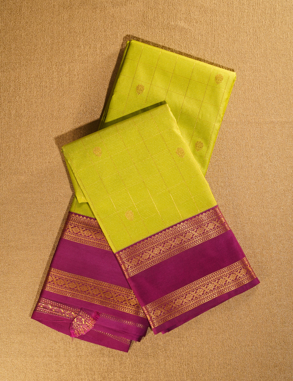 Lime Green with Magenta Soft Kanchipuram Semi Silk Saree with Zari Border