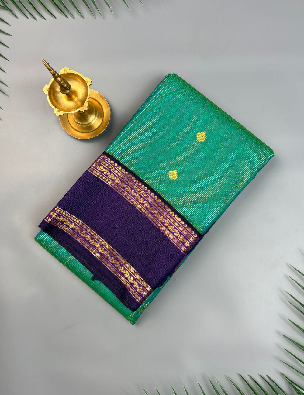 Rama green Soft Semi Silk Kanjivaram Saree with Violet Korvai Zari Border