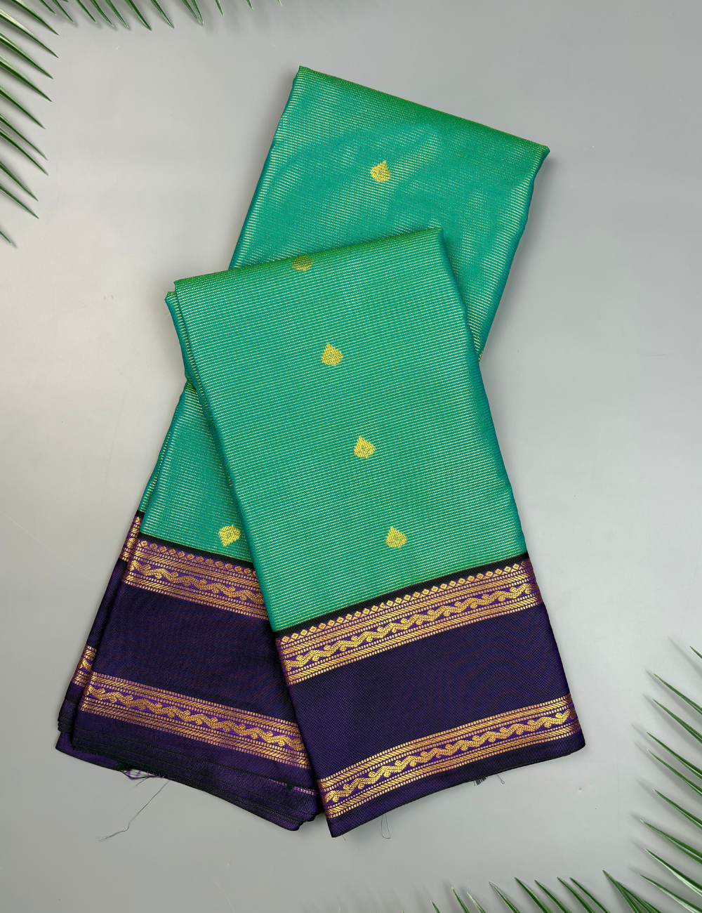 Rama green Soft Semi Silk Kanjivaram Saree with Violet Korvai Zari Border