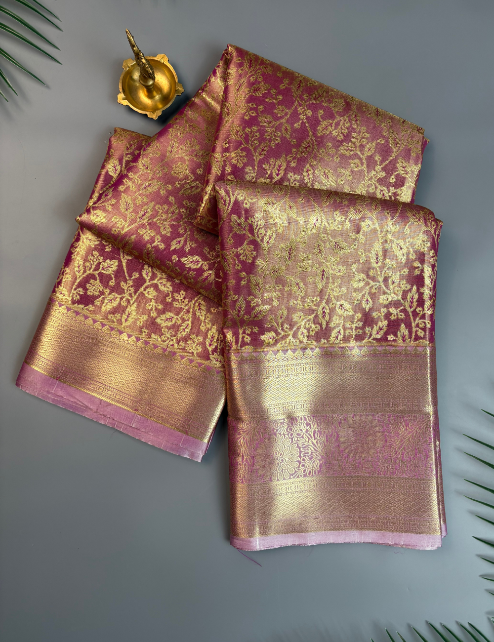 Wine Pink Tissue Semi Silk Kanjivaram Saree with Antique Gold Floral Zari Weave