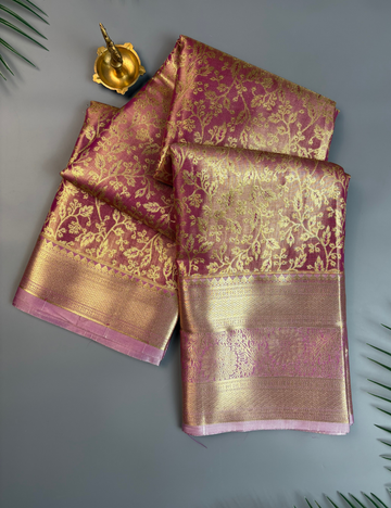 Wine Pink Tissue Semi Silk Kanjivaram Saree with Antique Gold Floral Zari Weave