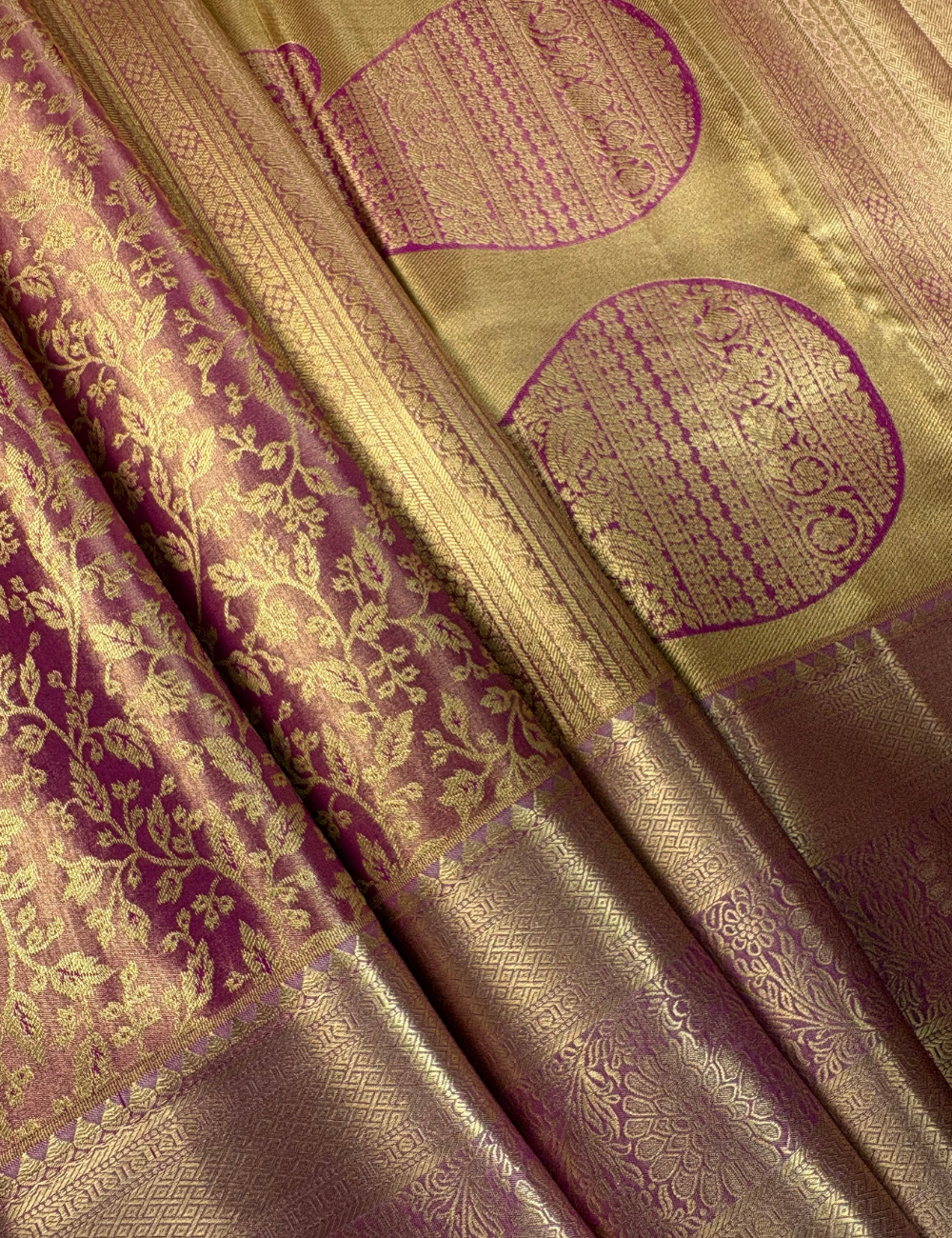 Wine Pink Tissue Semi Silk Kanjivaram Saree with Antique Gold Floral Zari Weave