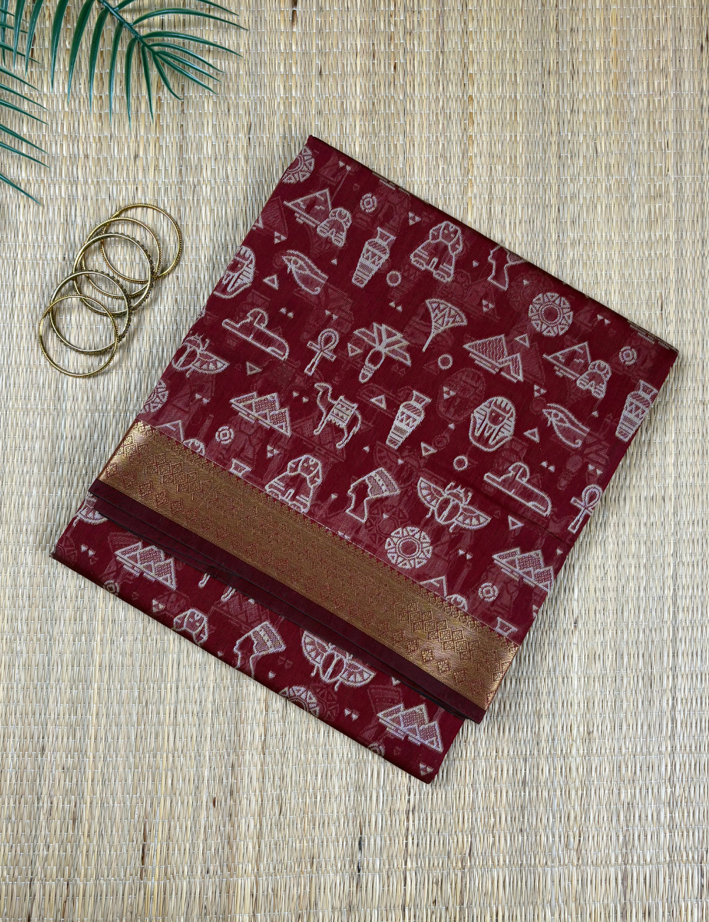 Red Tribal Heritage Aranya Cotton Saree with Gold Zari Border