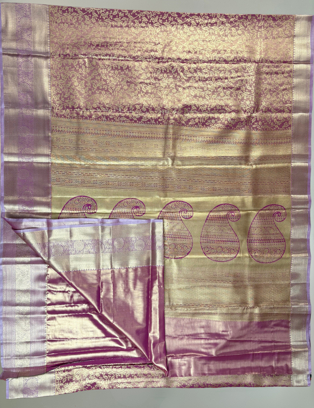 Wine Pink Tissue Semi Silk Kanjivaram Saree with Antique Gold Floral Zari Weave