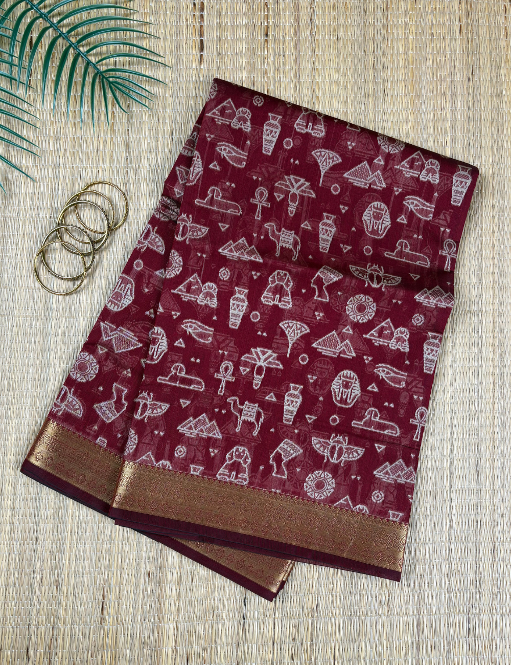 Red Tribal Heritage Aranya Cotton Saree with Gold Zari Border