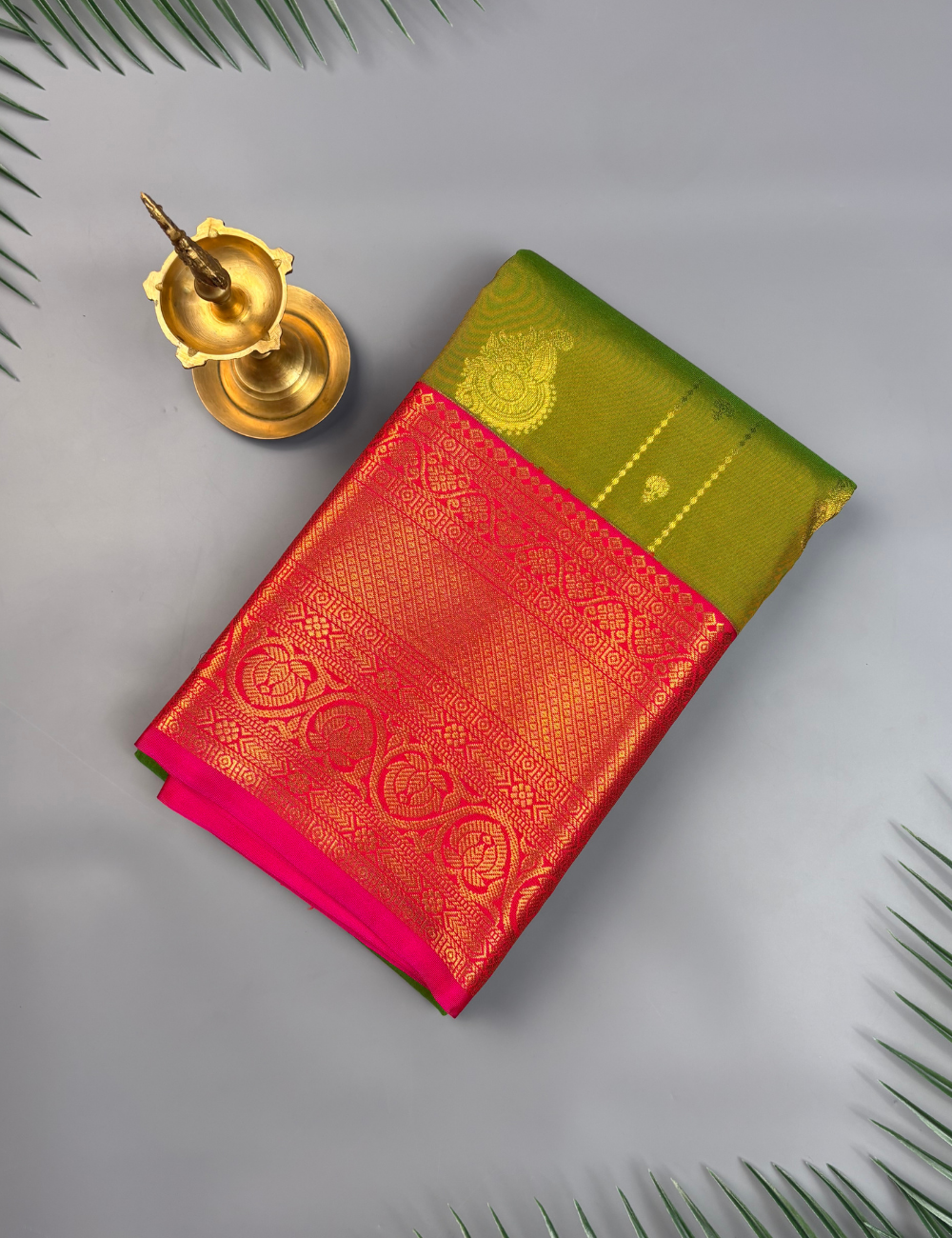Dual Green Kanjivaram Semi Silk Saree with Grand Contrast Hot Pink Zari Border