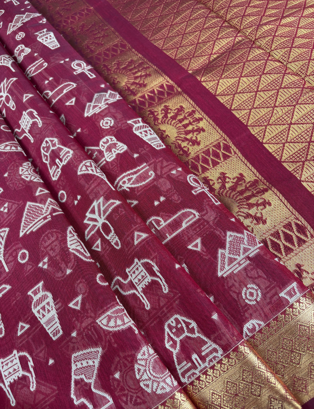Red Tribal Heritage Aranya Cotton Saree with Gold Zari Border