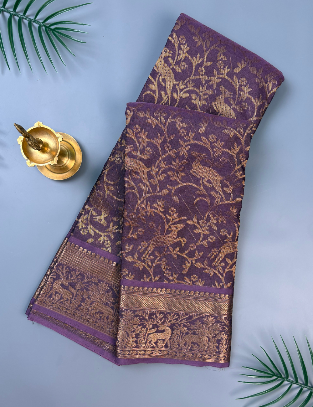 Royal Lavender Pure Kanchi Silk Cotton Saree with Antique Gold Zari Floral Motifs