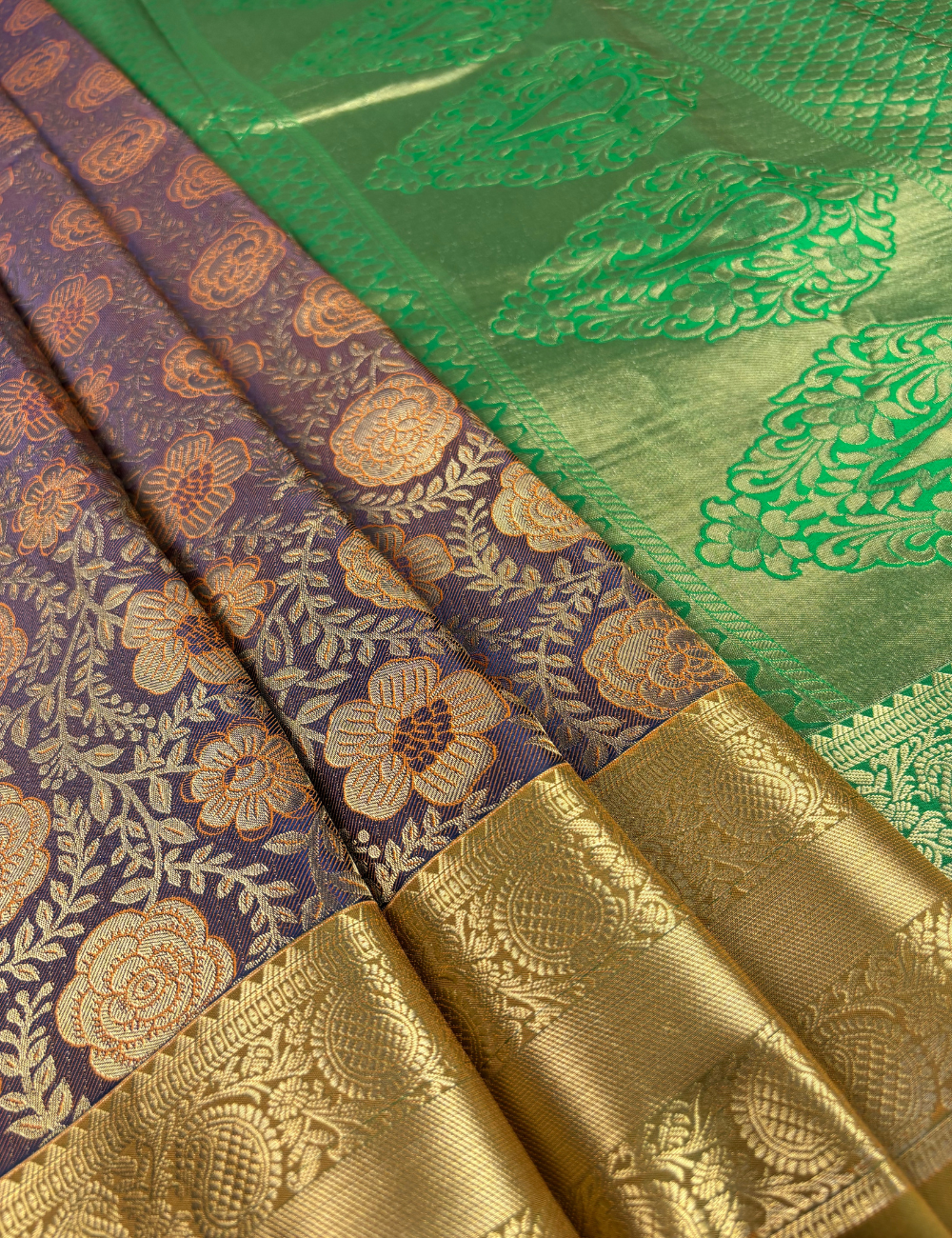Enchanting Burgundy Floral Brocade Semi Silk Saree with Antique Gold Zari Mustard Border