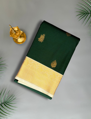Bottle Green Soft Kanjivaram Semi Silk Saree with Ivory Golden Zari Border