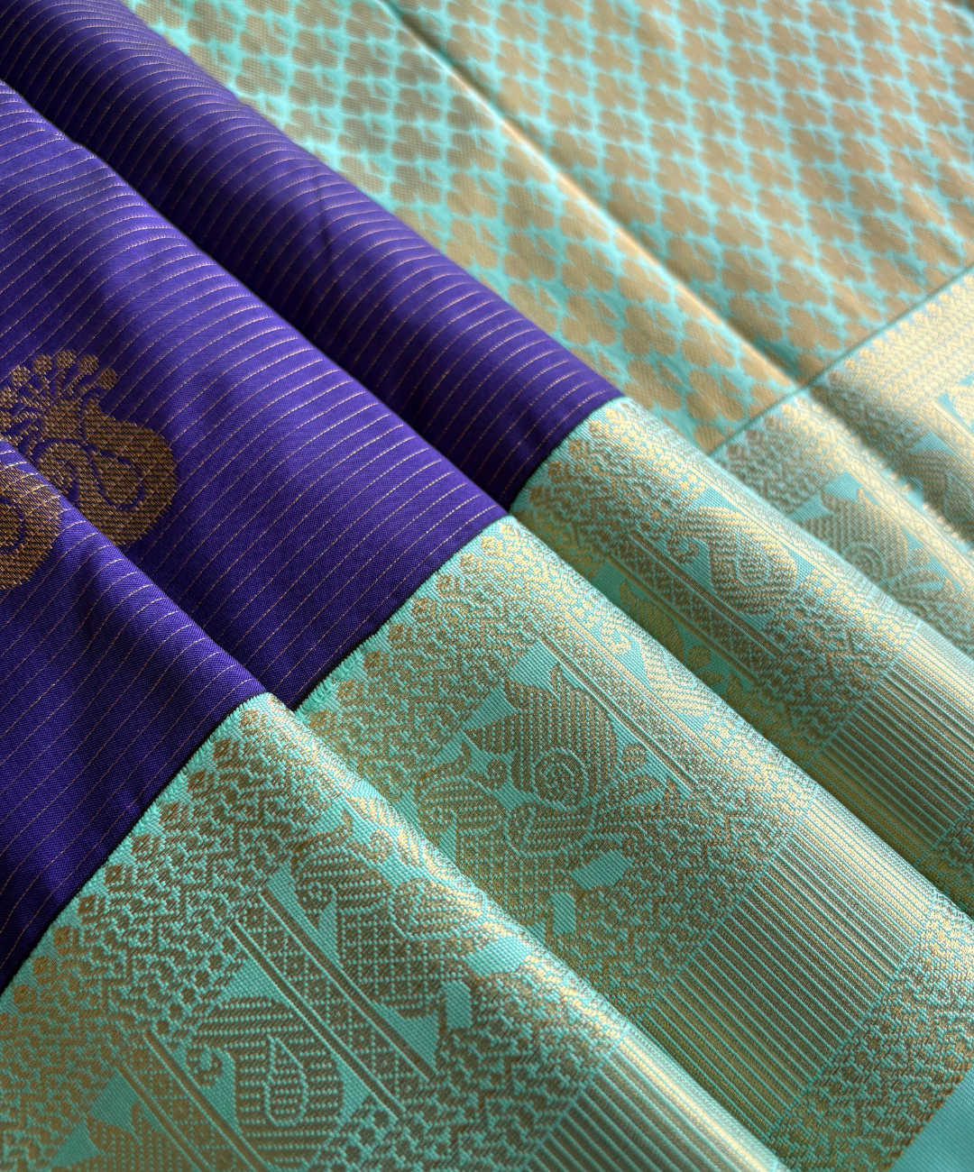 Royal Violet  Kanjivaram Semi Silk Saree with Mint Green Contrast Gold Zari Border | Traditional Wedding Silk Saree